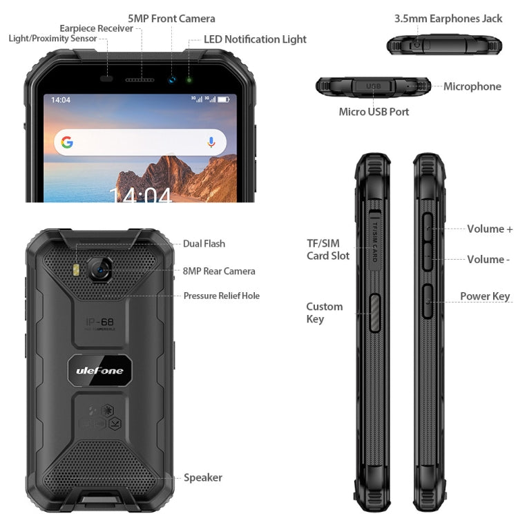 IP68/IP69K Waterproof Dustproof Shockproof, Face Identification, 4000mAh Battery, 5.0 inch Android 9.0 MTK6580A/W Quad Core up to 1.3GHz, Network: 3G, Armor X6 2GB+16GB