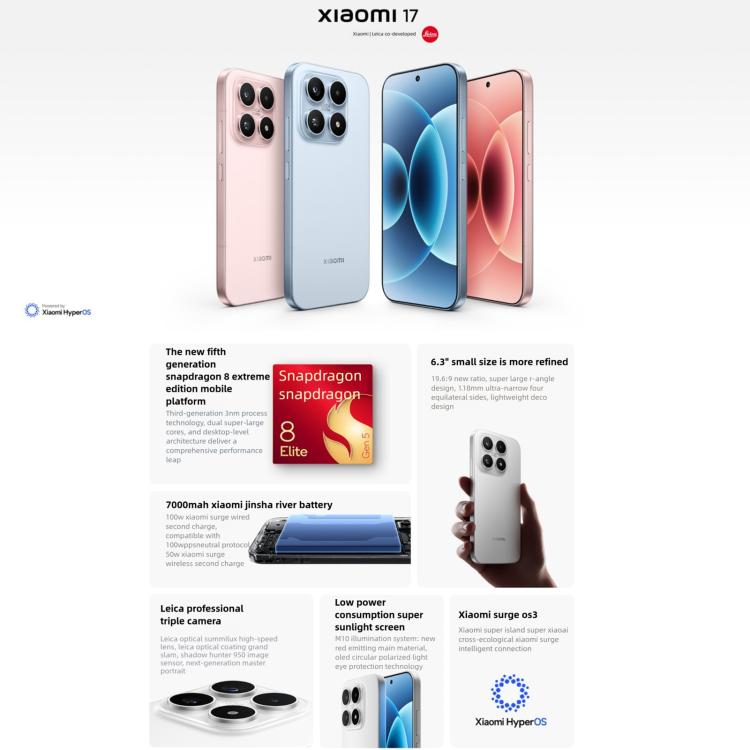 Xiaomi 17, 12GB+256GB, 3D Ultrasonic Fingerprint, 6.3 inch Xiaomi HyperOS 3 Snapdragon 8 Elite Gen 5 Octa Core, NFC, Network: 5G, 12GB+256GB