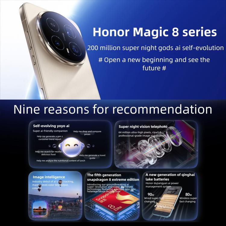 Honor Magic8 Pro, 12GB+512GB, Screen Fingerprint, 6.71 inch MagicOS 10.0 / Android 16 Snapdragon 8 Elite Gen 5 Octa Core, Network: 5G, NFC, OTG, 12GB+512GB