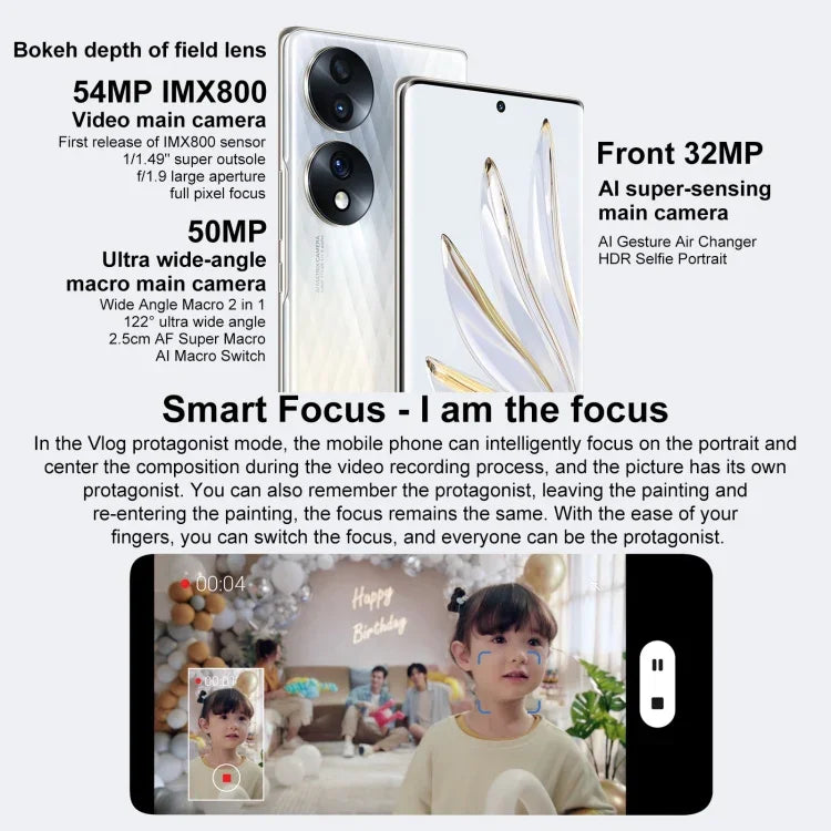 Triple Back Cameras, Screen Fingerprint Identification,  6.67 inch Magic UI 6.1 Qualcomm Snapdragon 778G Plus Octa Core up to 2.5GHz, Network: 5G, OTG, NFC, Not Support Google Play, Honor 70 5G 12GB+512GB