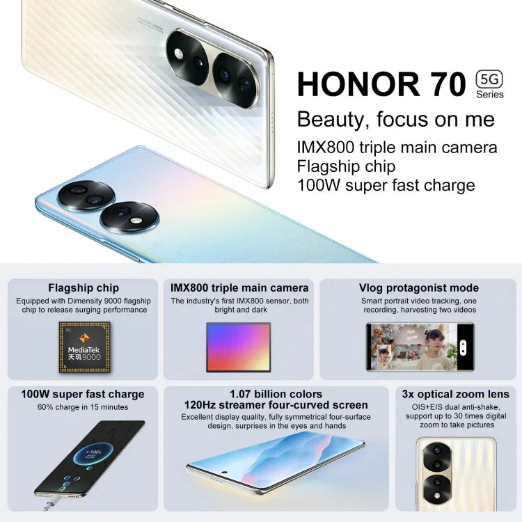 Triple Back Cameras, Screen Fingerprint Identification, 6.78 inch Magic UI 6.1 Dimensity 9000 Octa Core up to 3.05GHz, Network: 5G, OTG, NFC, Not Support Google Play, Honor 70 Pro+ 5G 12GB+256GB
