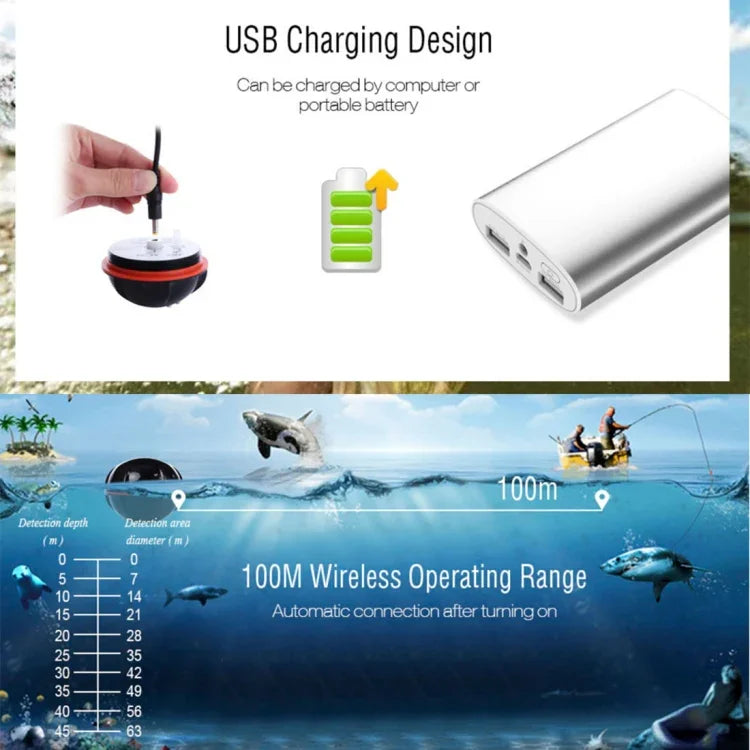 XJ-01 Wireless Fish Detector 125KHz Sonar Sensor 0.6-36m Depth Locator Fishes Finder with 2.4 inch LCD Screen & Antenna, Built-in Water Temperature Sensor, XJ-01