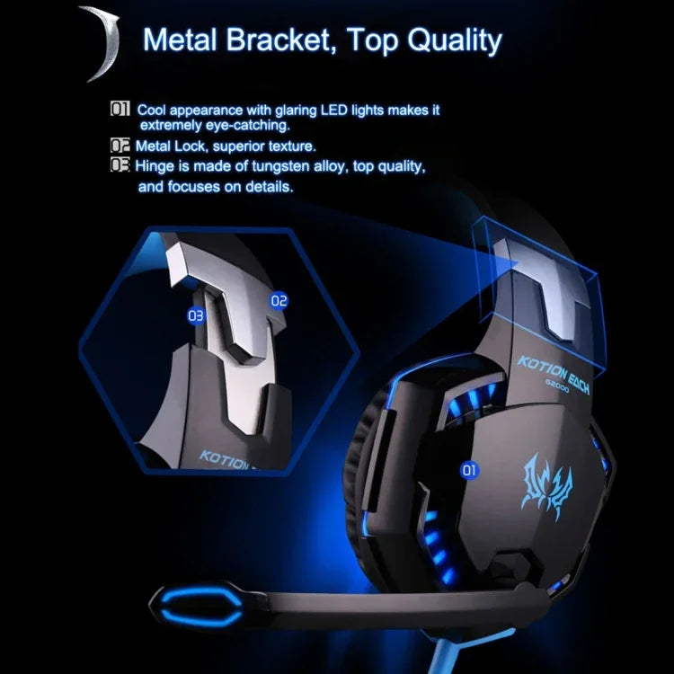 KOTION EACH G2000 Over-ear Game Gaming Headphone Headset Earphone Headband with Mic Stereo Bass LED Light for PC Gamer,Cable Length: About 2.2m(White + Red), G2000