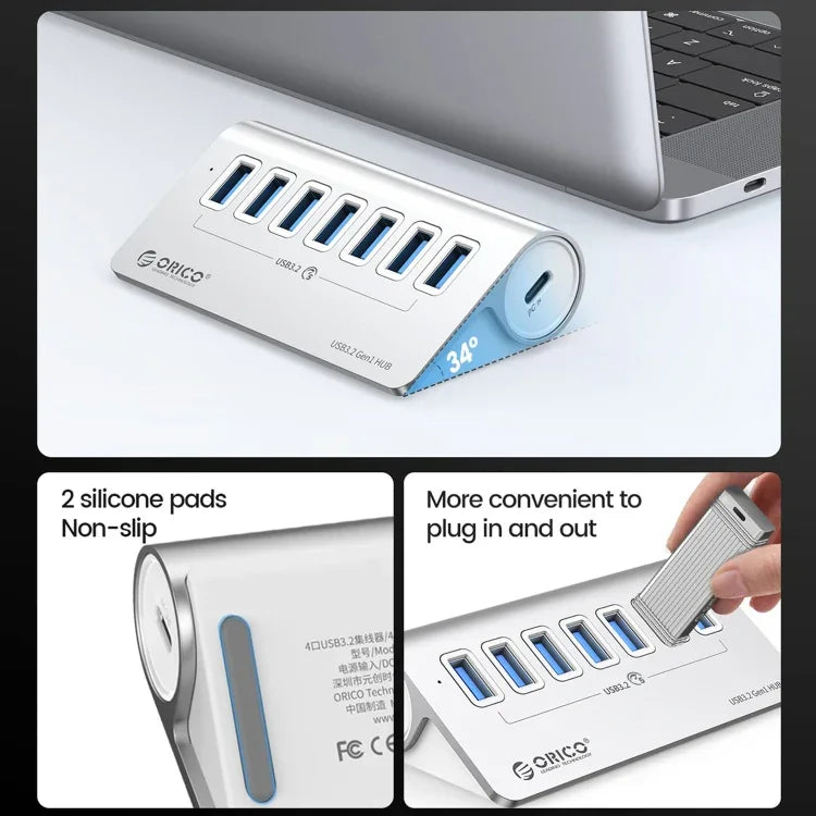 ORICO M3U7 Aluminum Alloy 7-Port USB 3.2 Gen1 5Gbps HUB with 0.5m Cable, M3U7 0.5m