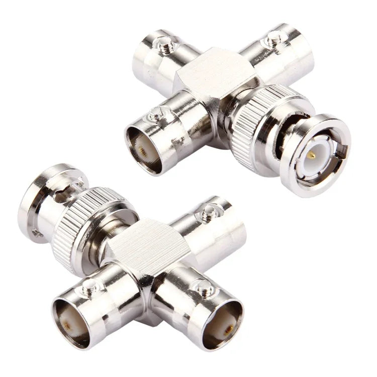 2 PCS BNC male to female connector, cross type, durable metal connectors for antennas and telecom applications.
