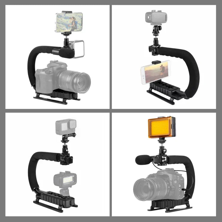 PULUZ U/C Shape Portable Handheld DV Bracket Stabilizer + LED Studio Light + Video Shotgun Microphone Kit with Cold Shoe Tripod Head  for All SLR Cameras and Home DV Camera, Bracket Kits + Mic + LED