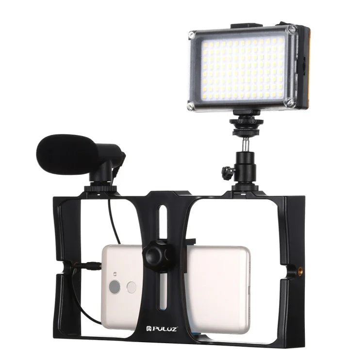 PULUZ 3 in 1 Vlogging Live Broadcast LED Selfie Light Smartphone Video Rig Kits with Microphone + Cold Shoe Tripod Head for iPhone, Galaxy, Huawei, Xiaomi, HTC, LG, Google, and Other Smartphones, 3-in-1, 3-in-1(Red), 3-in-1(US)