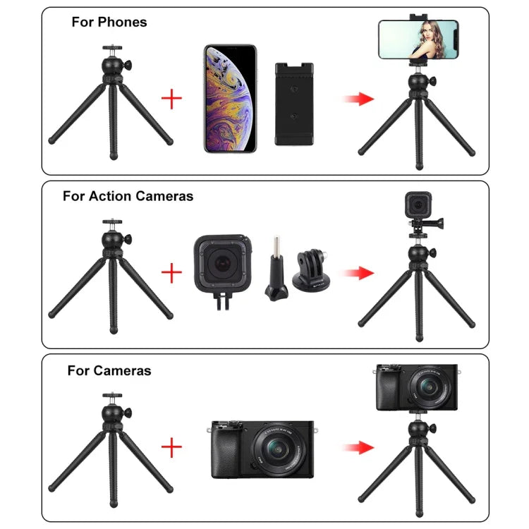 PULUZ Mini Octopus Flexible Tripod Holder with Ball Head & Phone Clamp + Tripod Mount Adapter & Long Screw for SLR Cameras, DJI, Insta360, GoPro and Other Action Cameras, Cellphone, Size: 25cmx4.5cm, 25cm Tripod + Phone Clamp