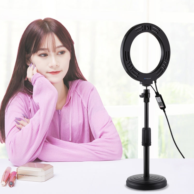 PULUZ 6.2 inch 16cm RGBW Light + Round Base Desktop Holder USB Dimmable LED Ring Vlogging Photography Video Lights with Cold Shoe Tripod Ball Head & Remote Control, Desktop Mount + 6.2 inch RGBW / Remote