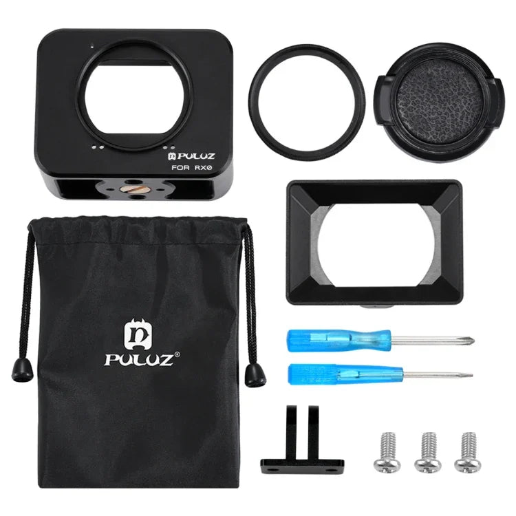 PULUZ for Sony RX0 Aluminum Alloy Protective Cage + 37mm UV Filter Lens + Lens Sunshade with Screws and Screwdrivers, Cage Black, Cage Gold, Cage Blue, Cage Red, Cage Silver