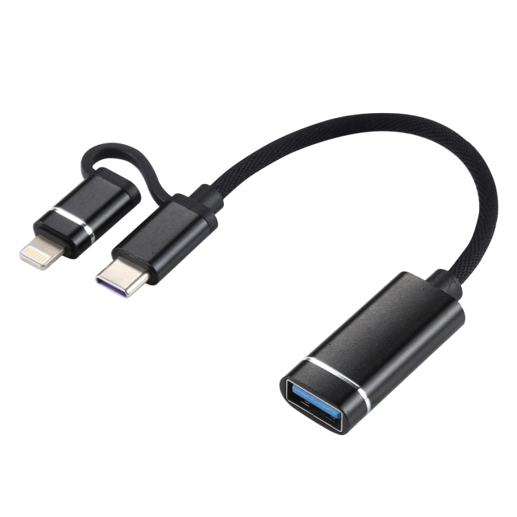 USB 3.0 Female to 8 Pin + USB-C / Type-C Male Charging + Transmission OTG Nylon Braided Adapter Cable, Cable Length: 11cm, 8 Pin Black, 8 Pin Silver + White, 8 Pin Red, 8 Pin Blue