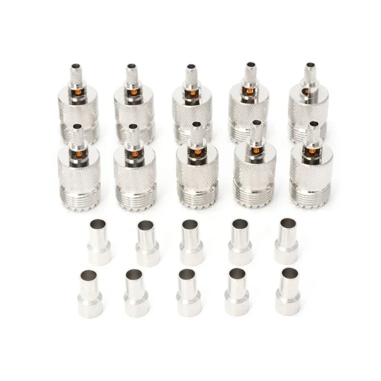 10 PCS UHF female jack coaxial adapter connectors in silver with crimped design, ideal for RF connections.