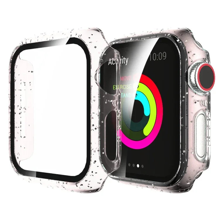 For Apple Watch Series 4/5/6 & SE 1/2/3 44mm Glitter Powder PC + Tempered Glass Screen Film Integrated Case
