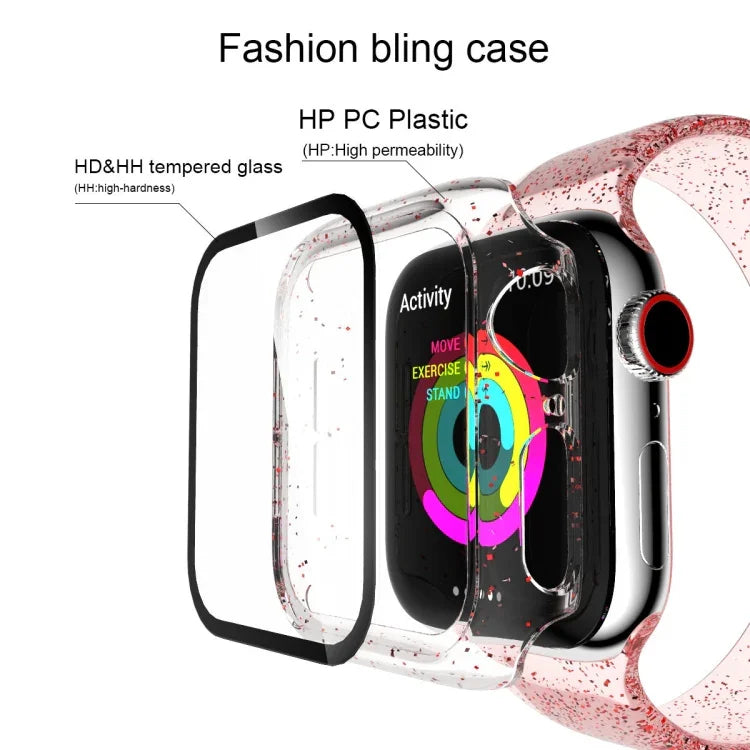 For Apple Watch Series 4/5/6 & SE 1/2/3 44mm Glitter Powder PC + Tempered Glass Screen Film Integrated Case