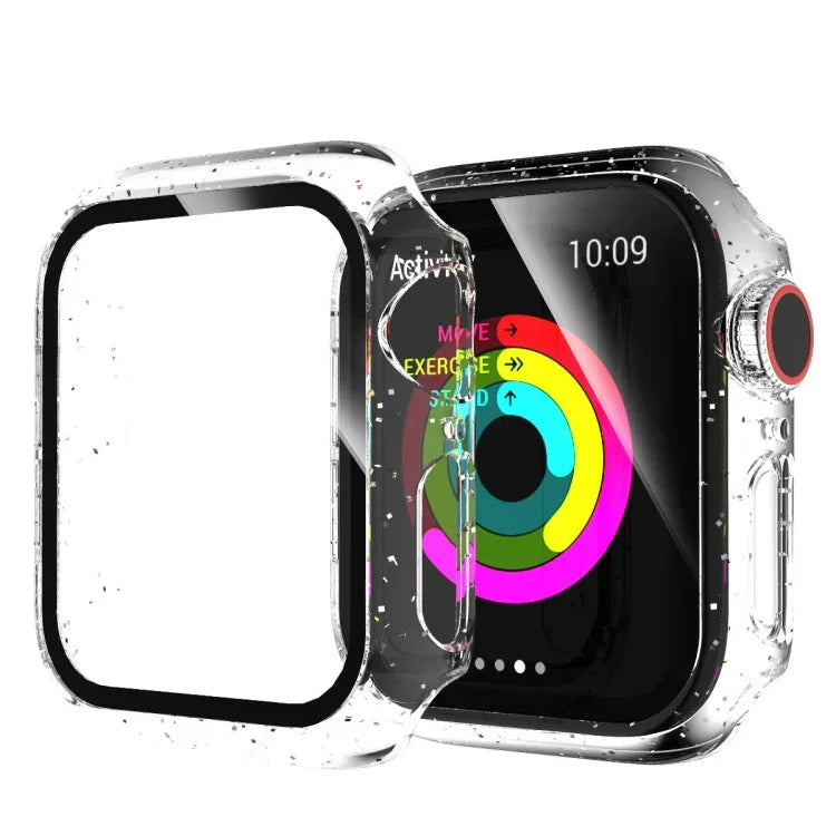 For Apple Watch Series 4/5/6 & SE 1/2/3 44mm Glitter Powder PC + Tempered Glass Screen Film Integrated Case