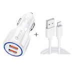 Qc3.0 Dual USB Car Charger + 8 Pin Fast Charging Line Car Charging Kit, 8 Pin (Black), 8 Pin (White)