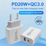 20W PD Type-C + QC 3.0 USB Interface Fast Charging Travel Charger with USB-C / Type-C to 8 Pin Fast Charge Data Cable, EU Plug, US Plug, AU Plug