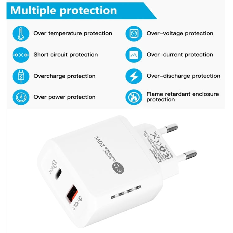 TE-PD01 PD 20W + QC3.0 USB Dual Ports Quick Charger with Indicator Light, EU Plug, EU Plug