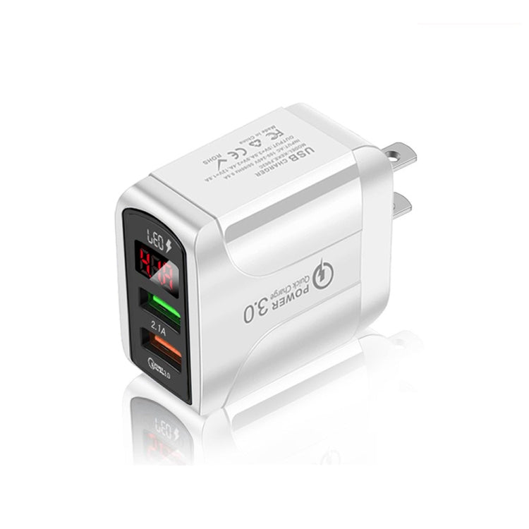 F002C QC3.0 USB + USB 2.0 Fast Charger with LED Digital Display for Mobile Phones and Tablets, US Plug, US Plug