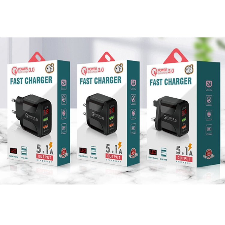 F002C QC3.0 USB + USB 2.0 Fast Charger with LED Digital Display for Mobile Phones and Tablets, EU Plug, EU Plug