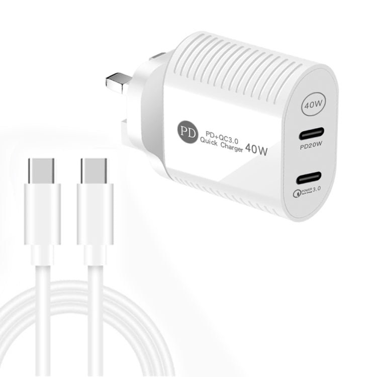 40W Dual Port PD / Type-C Fast Charger with Type-C to Type-C Data Cable, UK Plug, UK Plug + Type-C to Type-C Cable