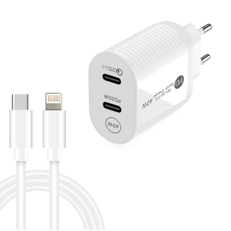 40W Dual Port PD / Type-C Fast Charger with Type-C to 8 Pin Data Cable, EU Plug, EU Plug + Type-C to 8 Pin Cable