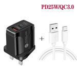 PD25W USB-C / Type-C + QC3.0 USB Dual Ports Fast Charger with USB to Type-C Data Cable, UK Plug, UK Plug + USB to Type-C Cable