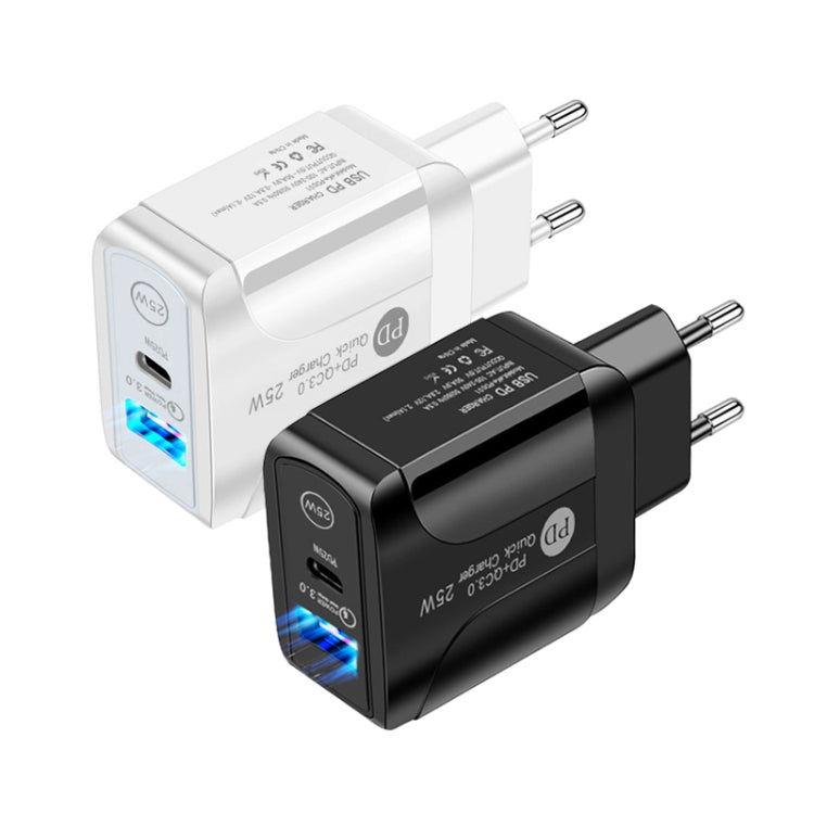 PD25W USB-C / Type-C + QC3.0 USB Dual Ports Fast Charger with USB to 8 Pin Data Cable, EU Plug, EU Plug + USB to 8 Pin Cable
