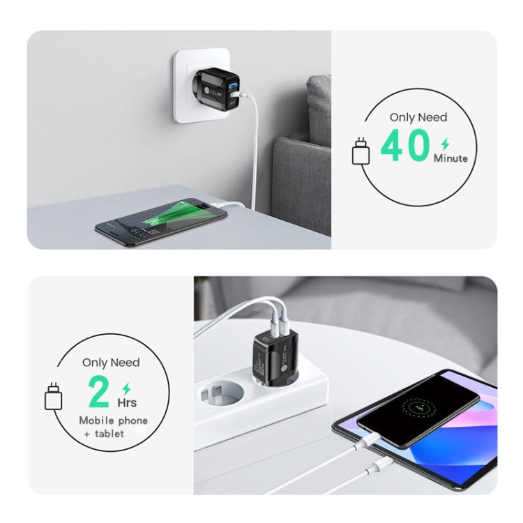 PD25W USB-C / Type-C + QC3.0 USB Dual Ports Fast Charger with USB-C to USB-C Data Cable, EU Plug, EU Plug + USB-C to USB-C Cable