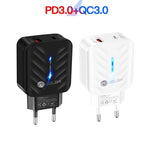 PD03 20W PD3.0 + QC3.0 USB Charger with USB to Type-C Data Cable, EU Plug, EU Plug, EU Plug + USB to Type-C Cable