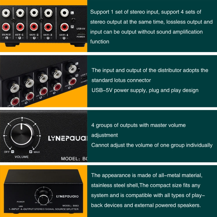 1 In 4 Out Audio Frequency Signal Distribute Device Non Consumption Output RCA Interface, 1 In 4 Out RCA Interface