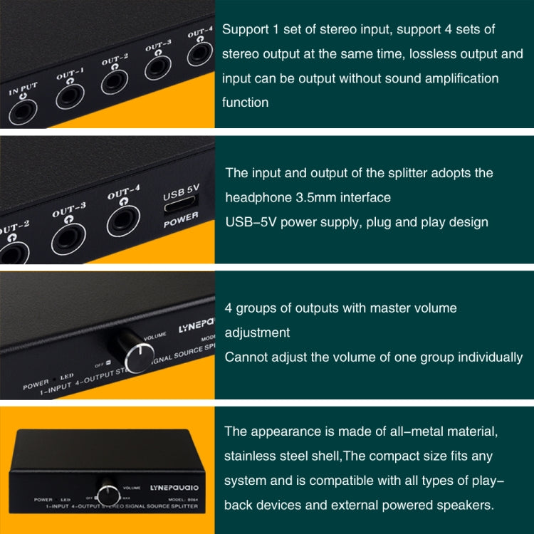1 In 4 Out Audio Frequency Signal Splitter Distribute Device, Non Consumption, 3.5mm Interface Output, 1 In 4 Out 3.5mm Interface