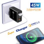 45W PD25W + 2 x QC3.0 USB Multi Port Charger with USB to Type-C Cable, US Plug, US Plug + USB to Type-C Cable