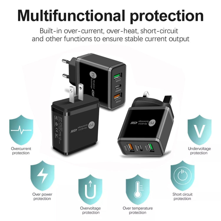 45W PD25W + 2 x QC3.0 USB Multi Port Charger with USB to Type-C Cable, US Plug, US Plug + USB to Type-C Cable