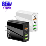 65W Dual PD Type-C + 3 x USB Multi Port Charger for Phone and Tablet PC, US Plug, US Plug