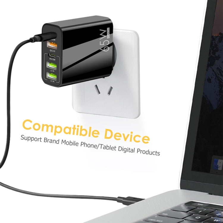 65W Dual PD Type-C + 3 x USB Multi Port Charger for Phone and Tablet PC, US Plug, US Plug