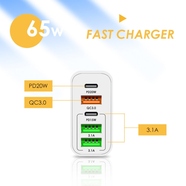 65W Dual PD Type-C + 3 x USB Multi Port Charger for Phone and Tablet PC, UK Plug, UK Plug