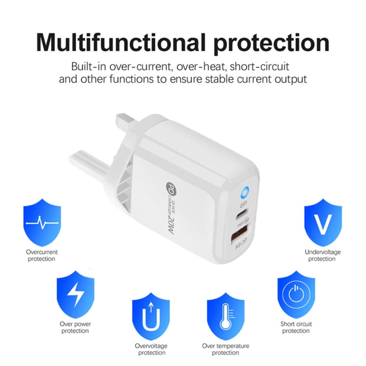 PD04 Type-C + USB Mobile Phone Charger with Type-C to 8 Pin Cable, UK Plug, UK Plug + Type-C to 8 Pin Cable