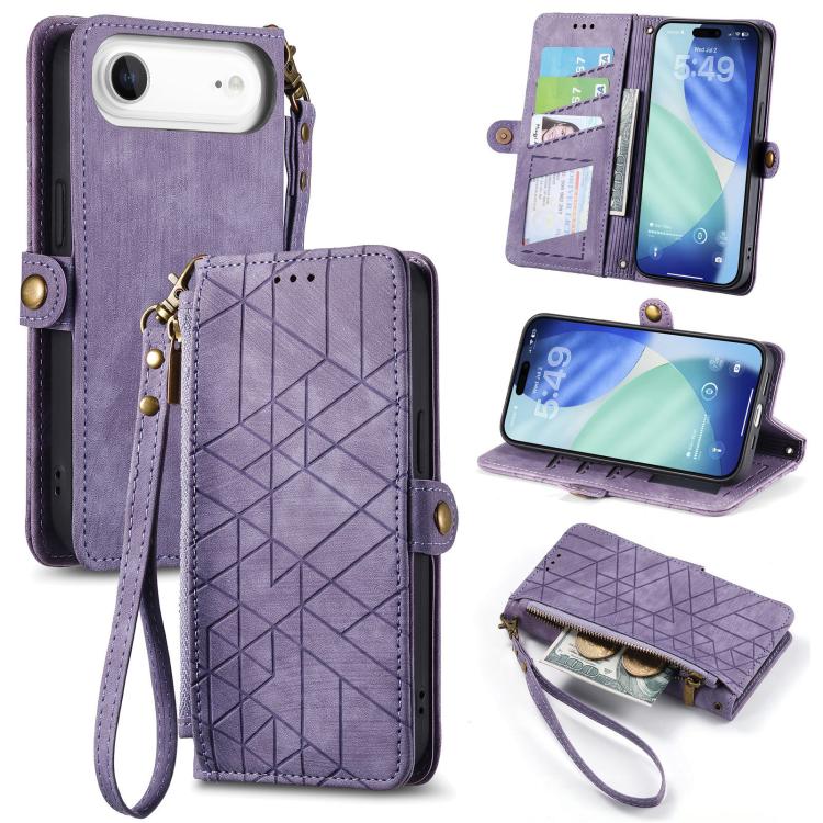 Geometric Zipper Wallet Side Buckle Leather Phone Case, For iPhone 17e / 16e, For iPhone 17 Pro Max, For iPhone 17 Pro, For iPhone 17, For iPhone Air, For iPhone 16 Pro Max, For iPhone 16 Pro, For iPhone 16 Plus