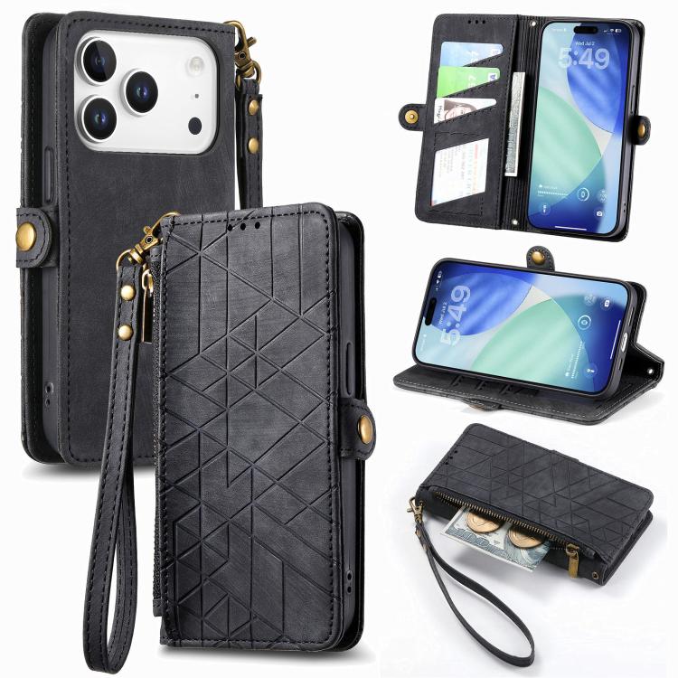 Geometric Zipper Wallet Side Buckle Leather Phone Case, For iPhone 17e / 16e, For iPhone 17 Pro Max, For iPhone 17 Pro, For iPhone 17, For iPhone Air, For iPhone 16 Pro Max, For iPhone 16 Pro, For iPhone 16 Plus