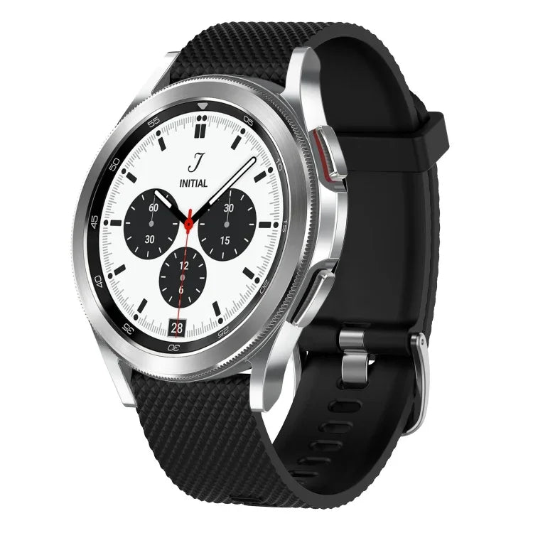 20mm silicone watch band for Samsung Galaxy Watch on a smartwatch with a black textured strap.