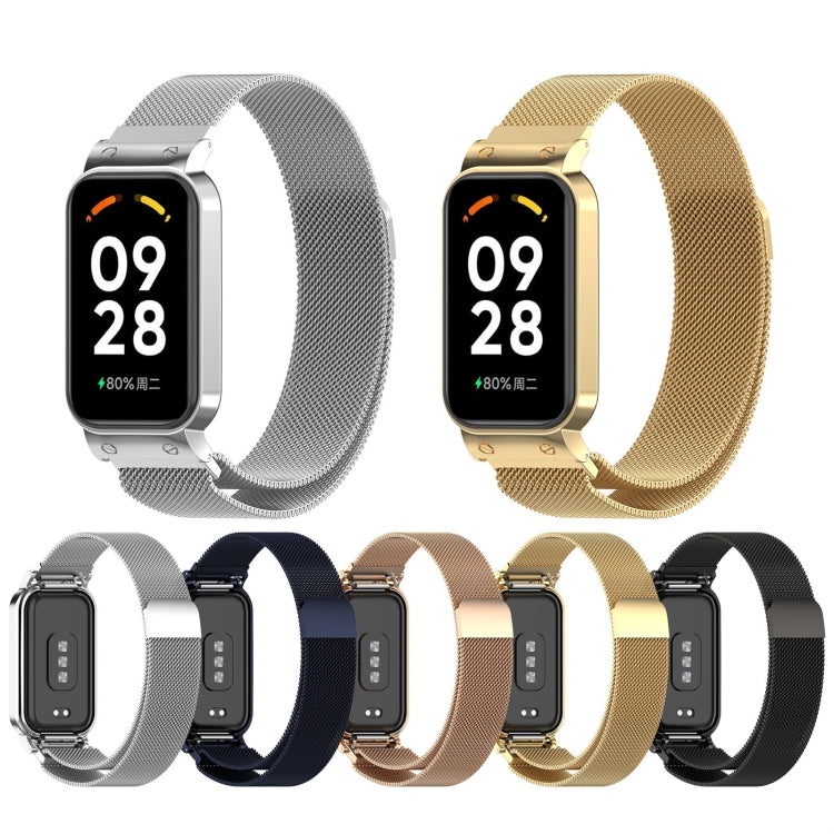 For Xiaomi Mi Band 8 Active Milan Magnetic Metal Steel Mesh Watch Band + Watch Frame, Silver, Black, Gold, Rose Gold, Dark Blue