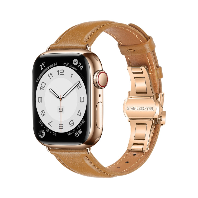 Plain Leather Butterfly Buckle Watch Band, For Apple Watch Series 9 41mm, For Apple Watch Ultra 49mm, For Apple Watch Series 8 41mm, For Apple Watch Series 8 45mm