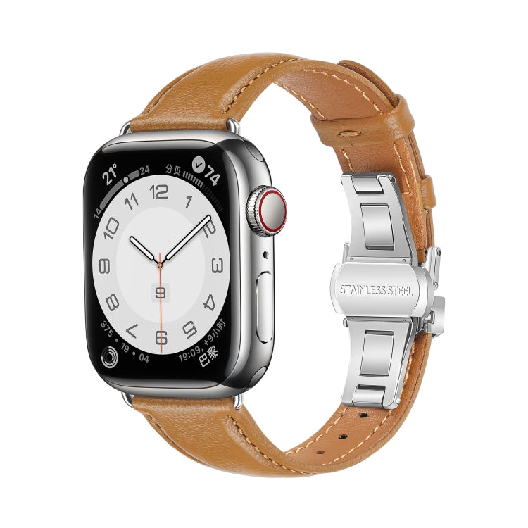 Plain Leather Butterfly Buckle Watch Band, For Apple Watch Series 9 41mm, For Apple Watch Ultra 49mm, For Apple Watch Series 8 41mm, For Apple Watch Series 8 45mm