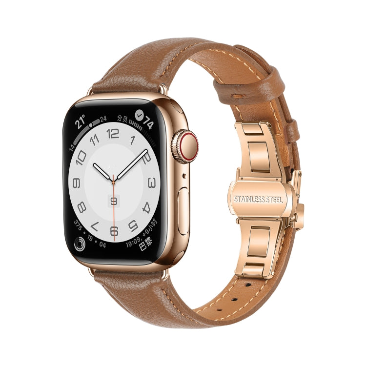 Plain Leather Butterfly Buckle Watch Band, For Apple Watch Series 9 41mm, For Apple Watch Ultra 49mm, For Apple Watch Series 8 41mm, For Apple Watch Series 8 45mm
