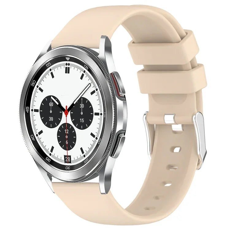 20mm silicone watch band for Samsung Galaxy Watch on a beige strap with a stylish watch face.