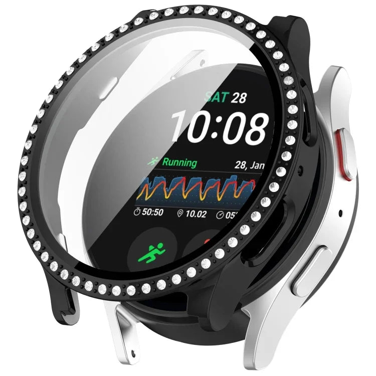 Single Row Diamond PC + Tempered Film Integrated Watch Protective Case, For Samsung Galaxy Watch 7 44mm, For Samsung Galaxy Watch 7 40mm