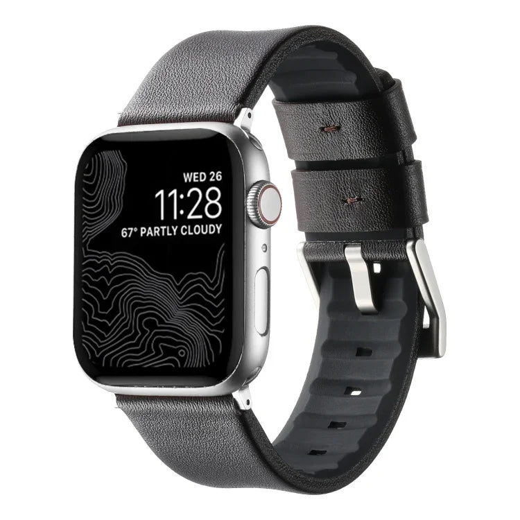 Genuine Leather Hybrid Silicone Watch Band, For Apple Watch Series 10 46mm, For Apple Watch Series 10 42mm, For Apple Watch SE 2023 44mm, For Apple Watch SE 2023 40mm, For Apple Watch Ultra 2 49mm, For Apple Watch Series 9 45mm                         ...