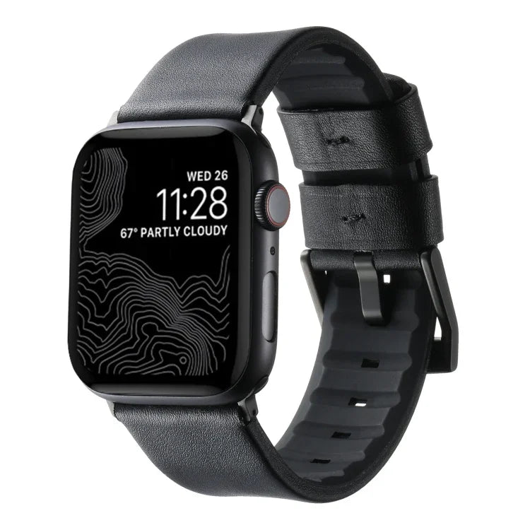 Genuine Leather Hybrid Silicone Watch Band, For Apple Watch Series 10 46mm, For Apple Watch Series 10 42mm, For Apple Watch SE 2023 44mm, For Apple Watch SE 2023 40mm, For Apple Watch Ultra 2 49mm, For Apple Watch Series 9 45mm                         ...