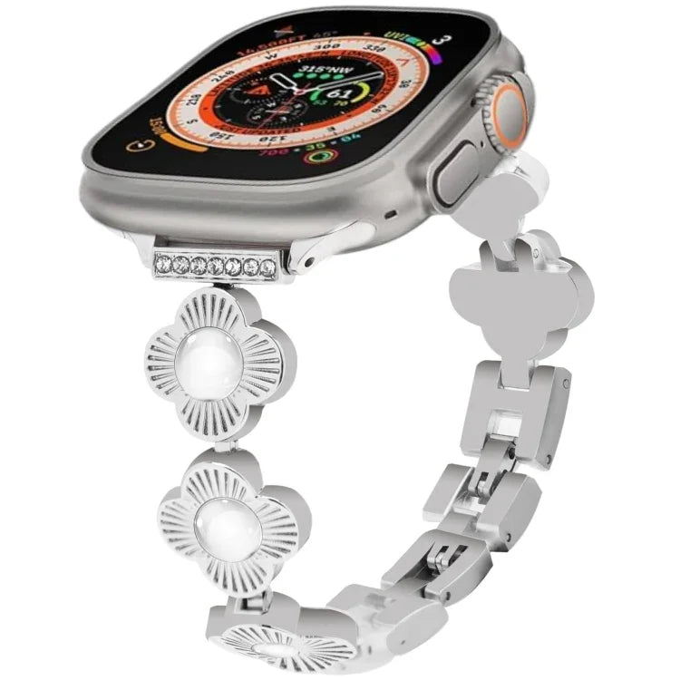 Four Leaf Clover Quick-Release Metal Chain Watch Band, For Apple Watch SE 2023 44mm, For Apple Watch SE 2023 40mm, For Apple Watch Ultra 2 49mm, For Apple Watch Series 9 45mm, For Apple Watch Series 9 41mm, For Apple Watch Ultra 49mm                   ...